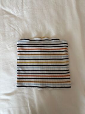 Garage Striped Ribbed Top in White, Navy, Light Blue & Mustard